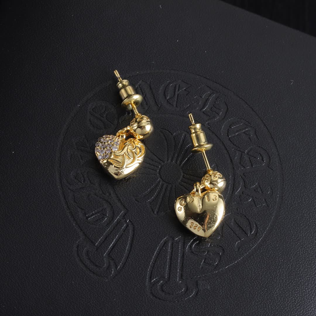 Chrome Hearts Gold Heart Stud Earrings with Diamond Accents
